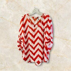 Heart Soul Plus Red & White Chevron Pattern 3/4 Short Sleeve Blouse Size 2X